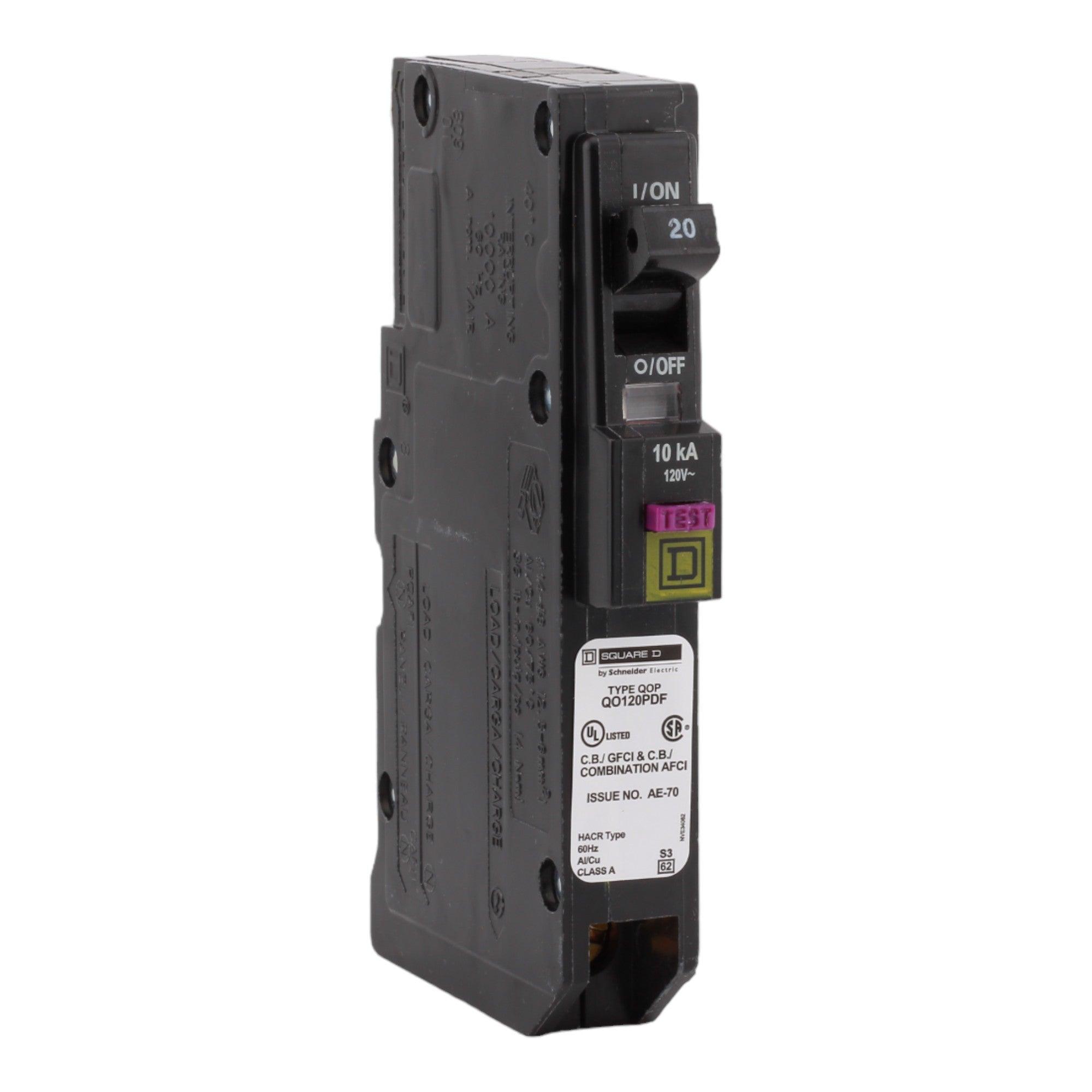 Square D QO120PDF 20 Amp Single Pole 120V Plug-On Neutral AFCI/GFCI Dual  Function Circuit Breaker UL