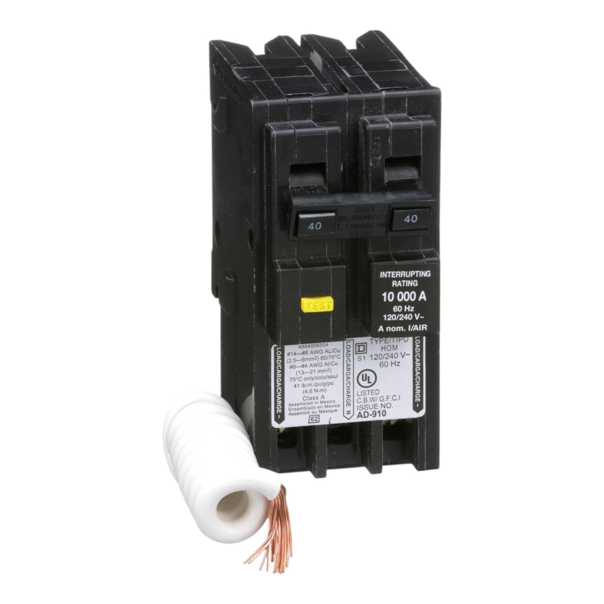 Square D HOM240GFI 40 Amp Double Pole 240V GFCI Ground Fault Pigtail Neutral Circuit Breaker UL