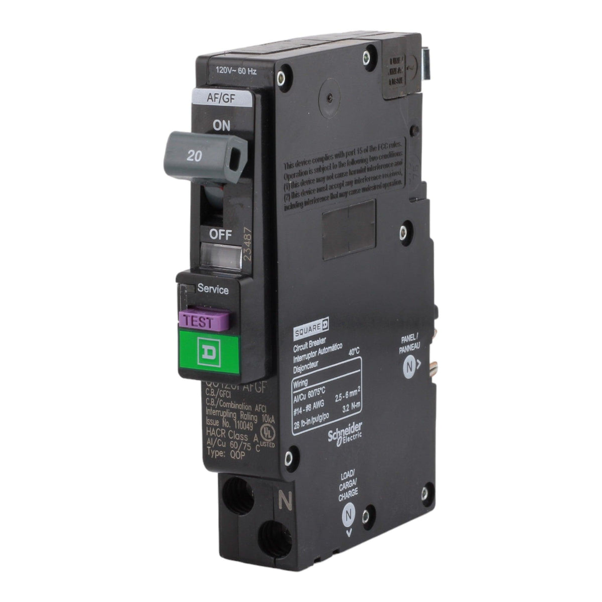 Square D QO120PAFGF 20 Amp Single Pole 120V Plug-On Neutral AFCI/GFCI Dual Function Circuit Breaker UL