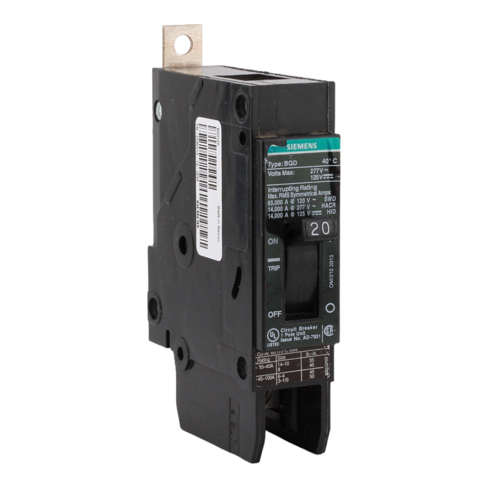 Siemens BQD120 20 Amp Single-Pole Circuit Breaker - 277VAC, 125VDC, 14kA, Bolt-On, UL Listed