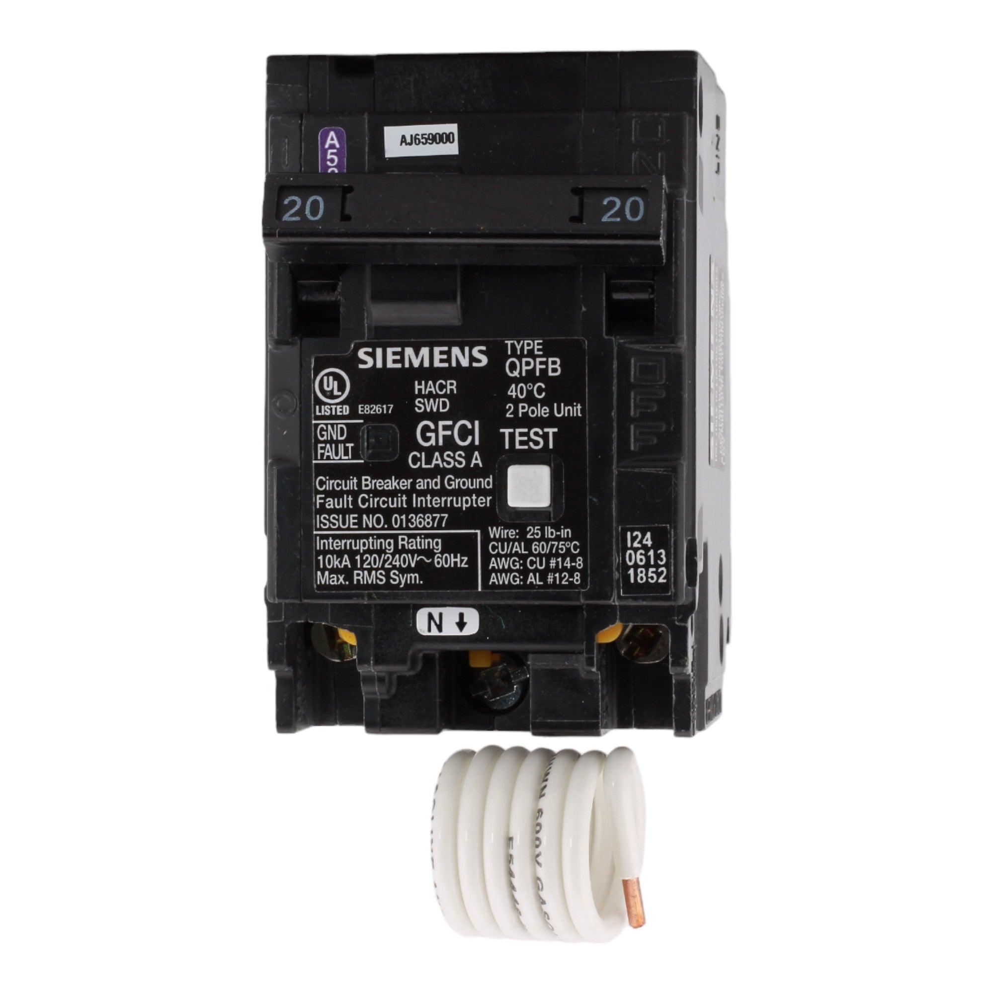 Siemens Q220GF 20 Amp Double Pole 240V Pigtail-Neutral GFCI Ground Fault Circuit Breaker UL - RES LLC Store