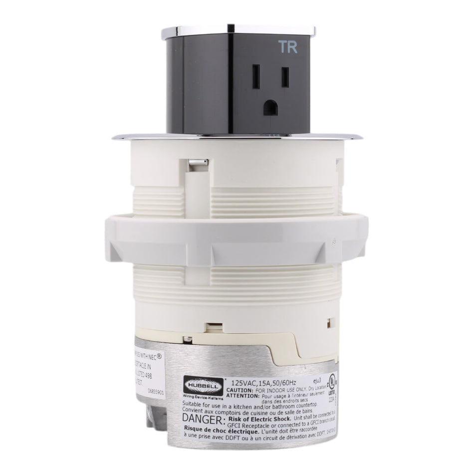 Hubbell Wiring, RCT200CH, 15 Amps, 125 Volts, 2-Pole, Kitchen Counter Receptacle, Surface Mount, Tamper Resistant, Chrome