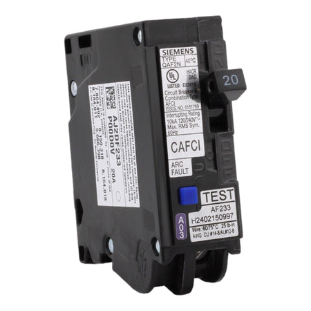 Siemens QA120AFCN 20 Amp Single Pole 120V Plug-On Neutral AFCI Arc Fault Circuit Breaker UL