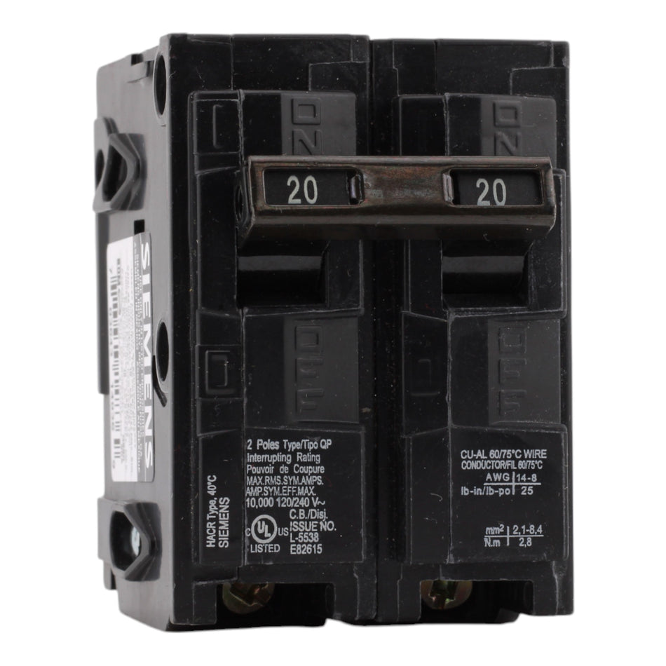 Siemens Q220 20 Amps 120/240 Volts Double Pole Thermal Magnetic Circuit Breaker, Plug-In Mount