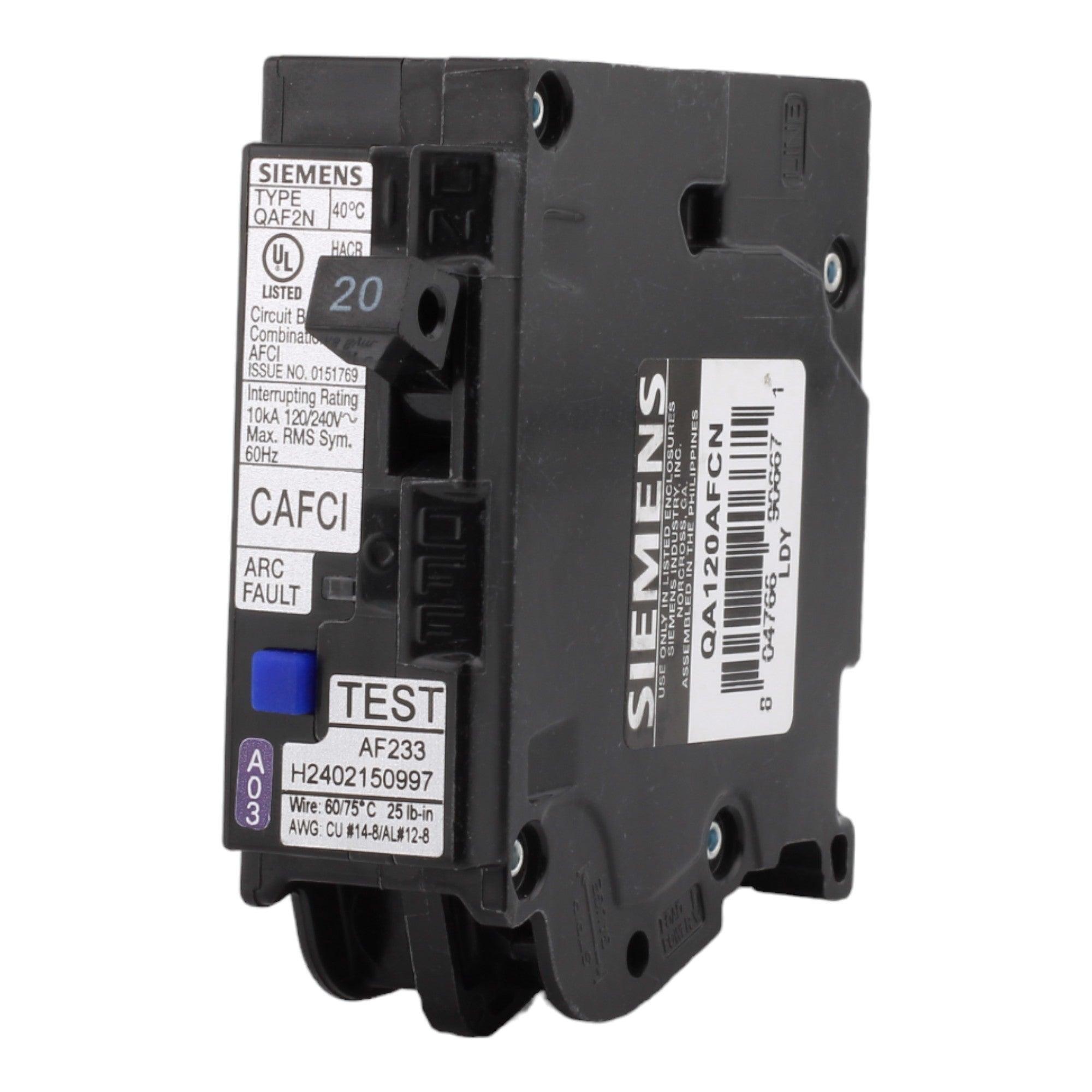 Siemens QA120AFCN 20 Amp Single Pole 120V Plug-On Neutral AFCI Arc Fault Circuit Breaker UL