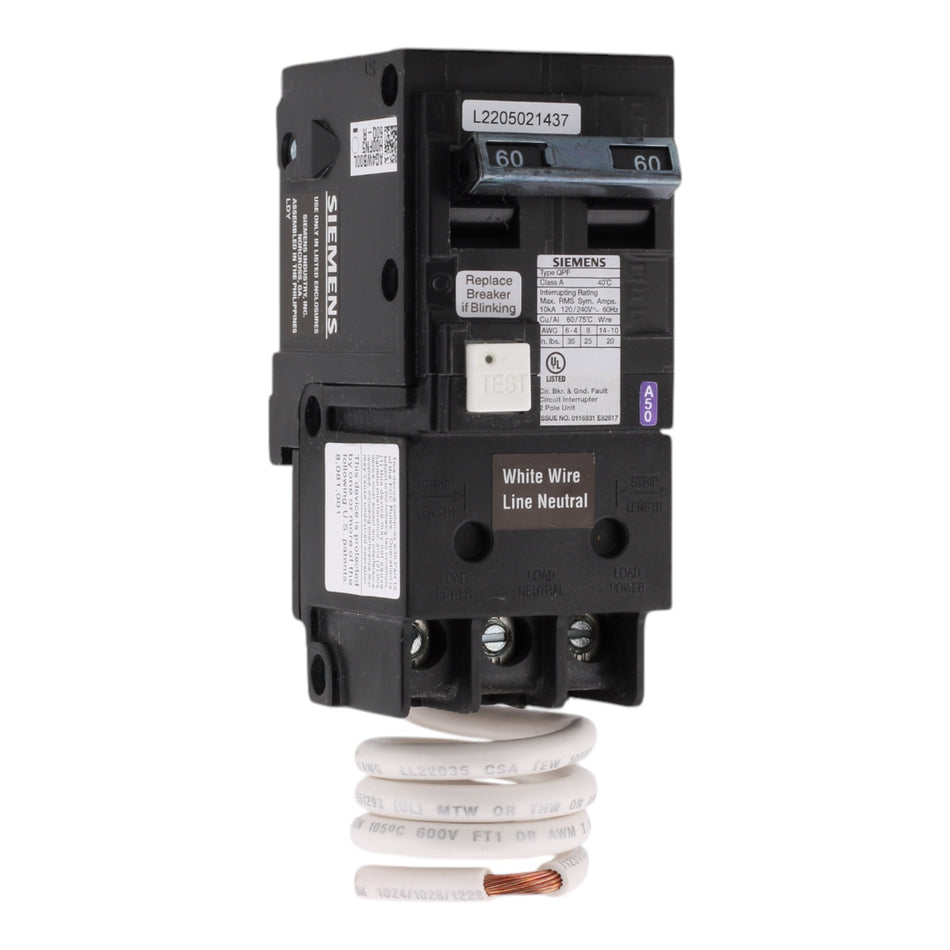 Siemens QF260A 60 Amps 120/240 Volts Two-Pole Ground Fault Circuit Interrupter Pigtail Neutral