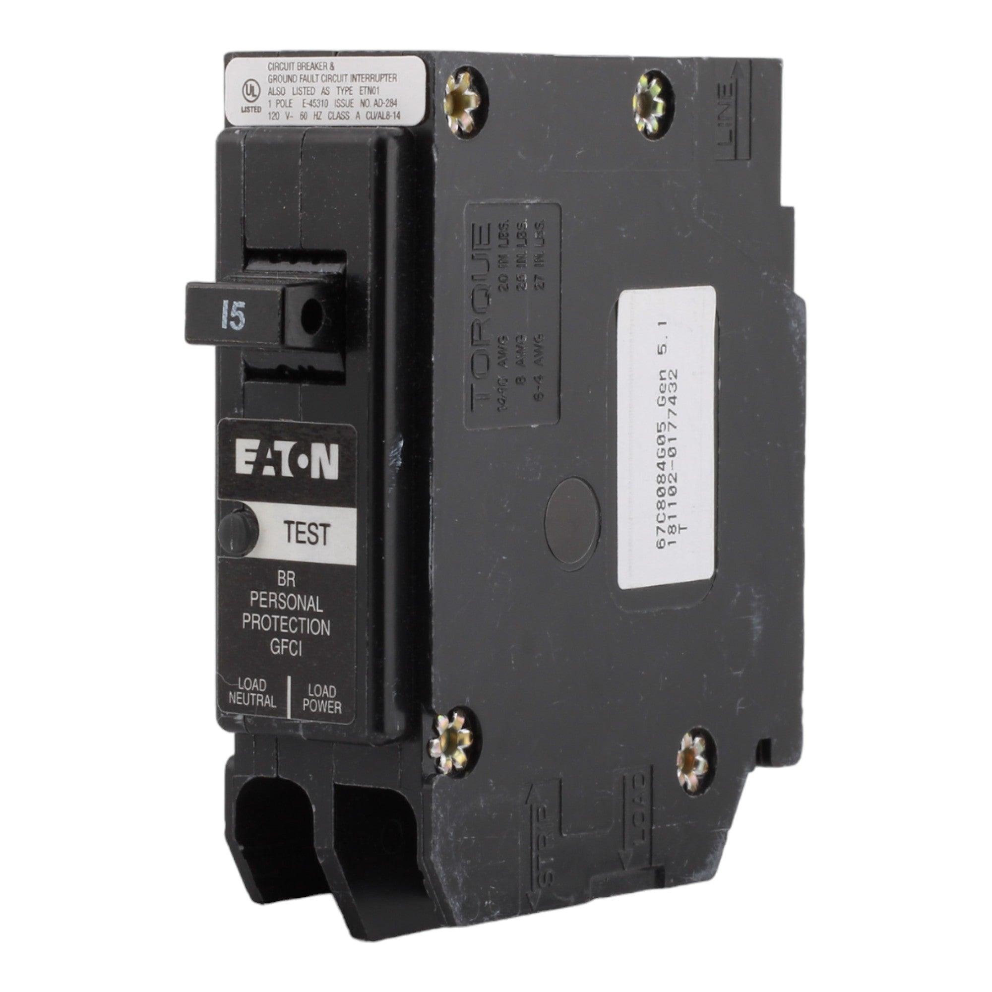 Eaton BRP115GF 15A 120/240V 1-pole GFCI Breaker Plug-on Neutral UL