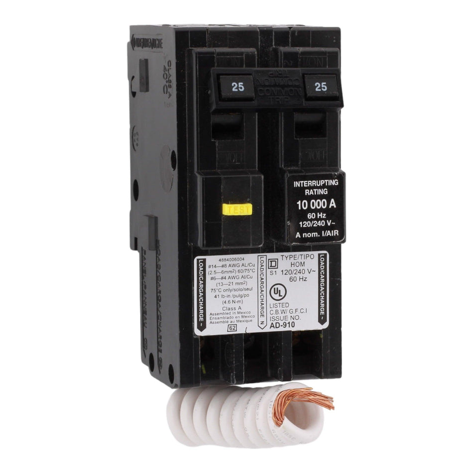 Square D HOM225GFI 25 Amp Double Pole 240V Pigtail-Neutral GFCI Ground Fault Circuit Breaker UL