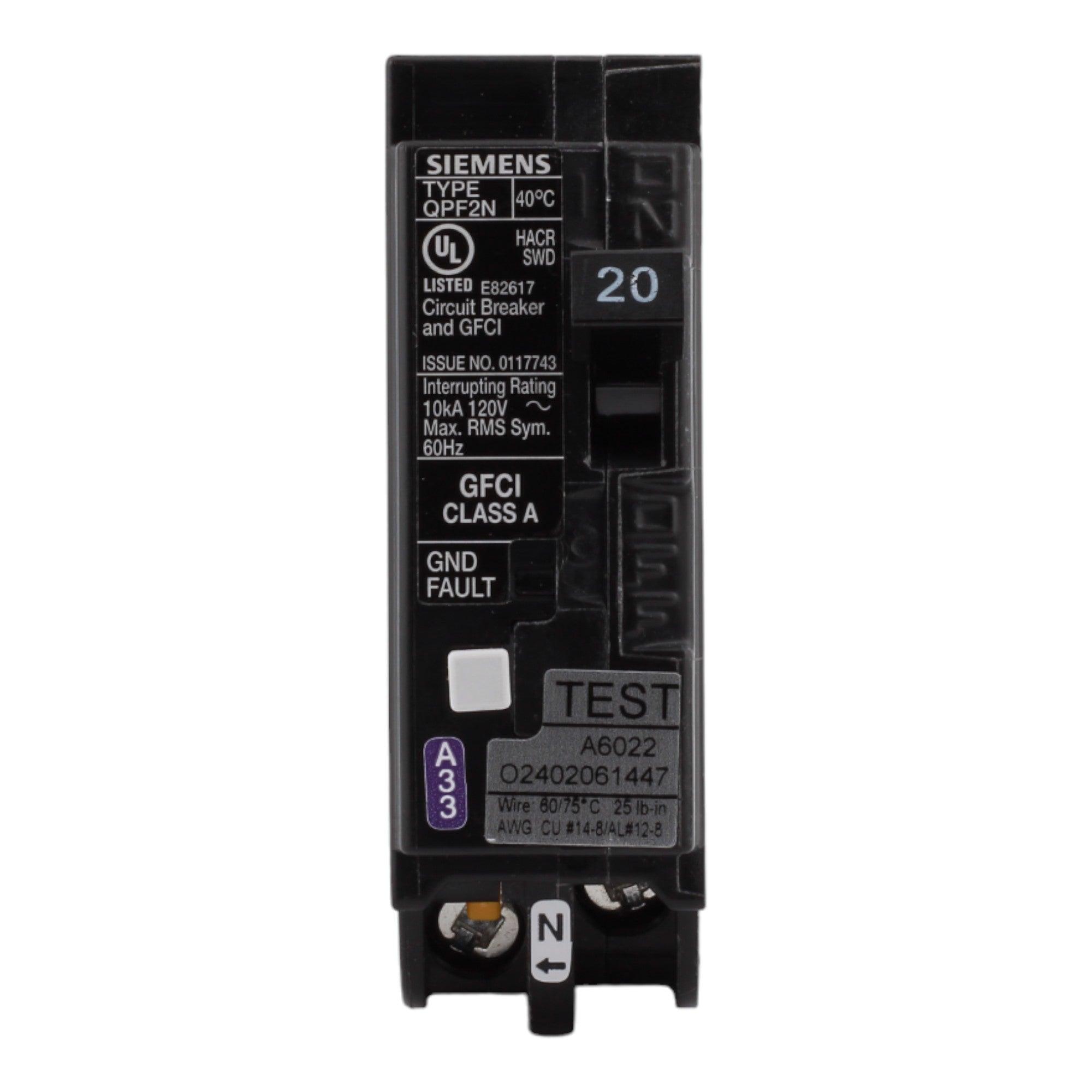 Siemens QF120AN 20 Amp Single Pole 120V Plug-On Neutral GFCI Ground Fault Circuit Breaker UL