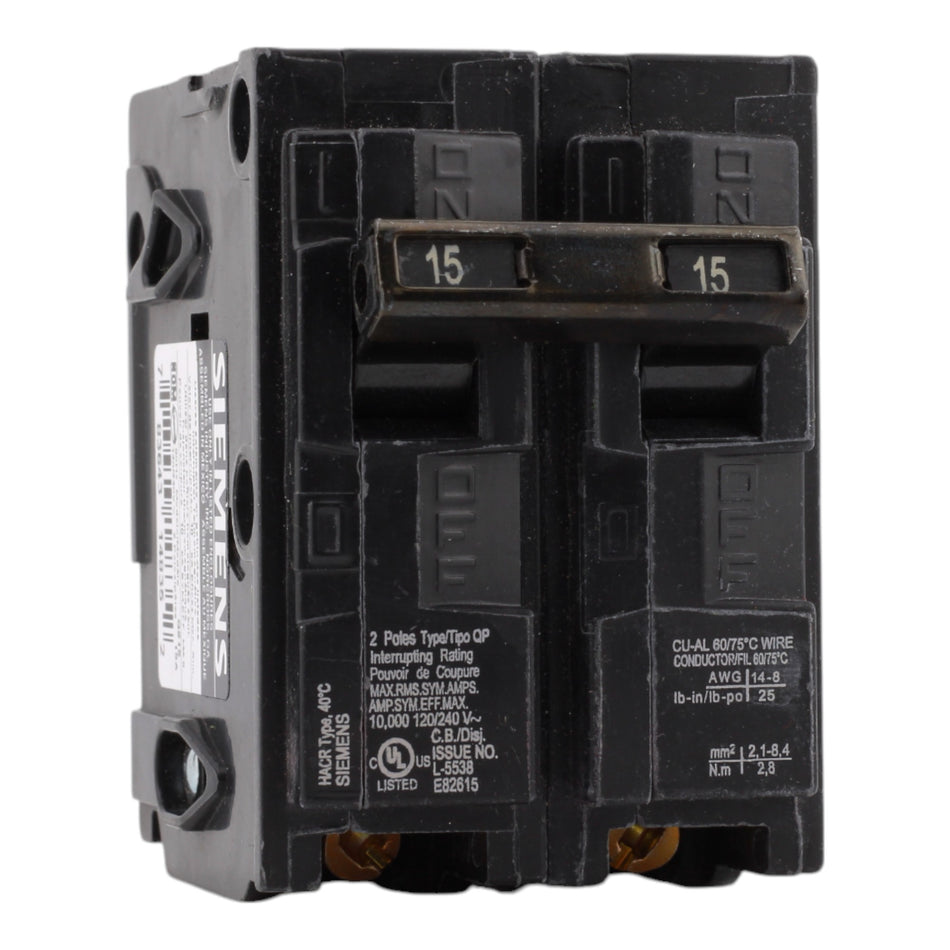 Siemens Q215 15 Amps 120/240 Volts Double Pole Thermal Magnetic Circuit Breaker, Plug-In Mount