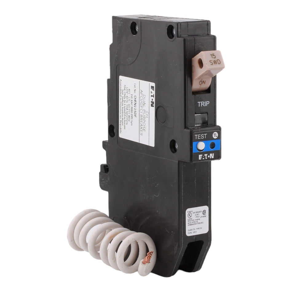 Eaton CHFN115DF 15 Amp Single Pole 120V Pigtail-Neutral AFCI/GFCI Dual Function Circuit Breaker UL