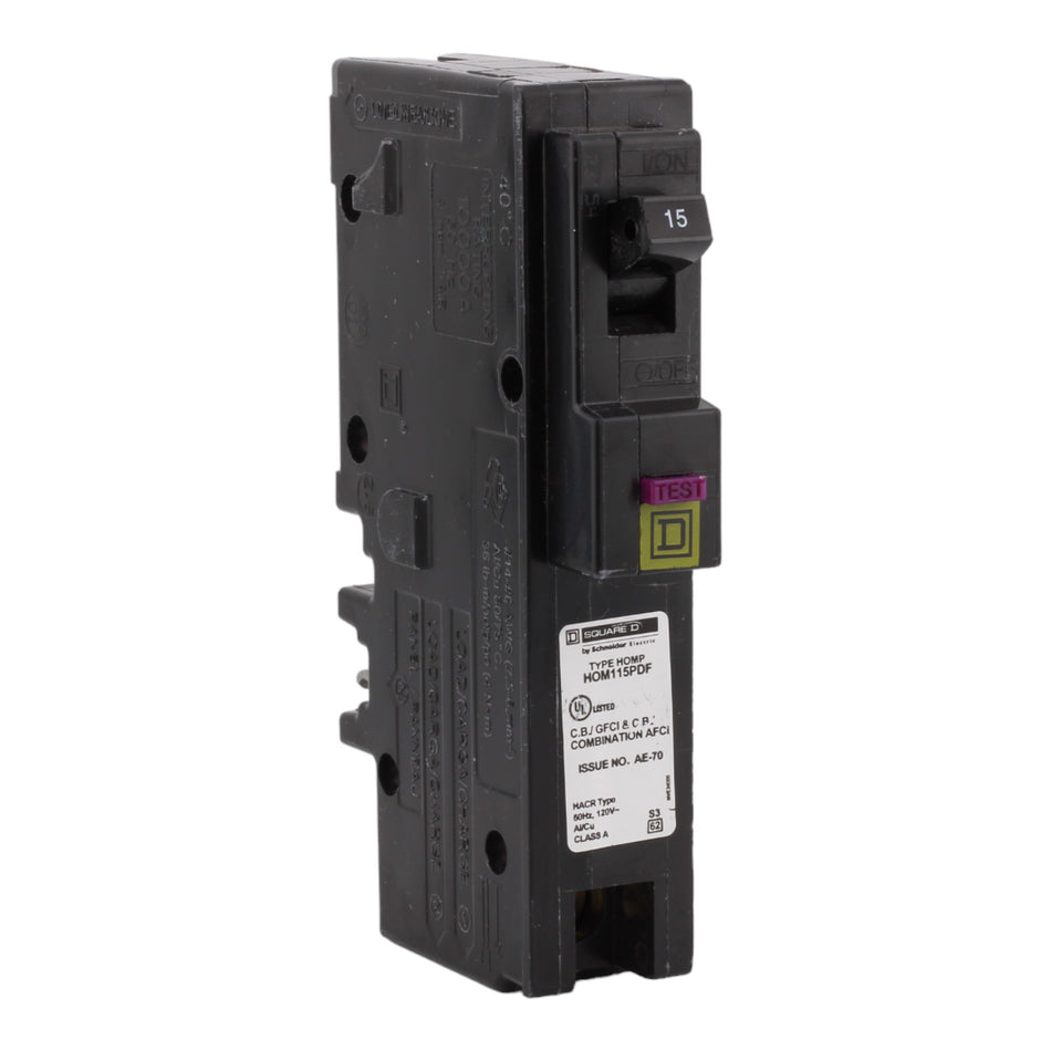 Square D HOM115PDFC 15 Amps 120 Volts Single Pole Dual Function AFCI/GFCI Plug-On Neutral Circuit Breaker for Homeline Panels