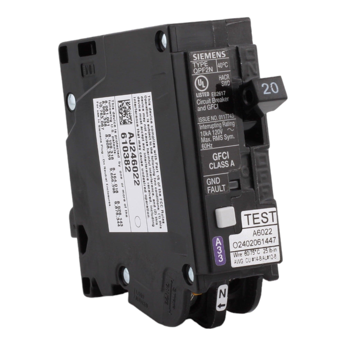 Siemens QF120AN 20 Amp Single Pole 120V Plug-On Neutral GFCI Ground Fault Circuit Breaker UL