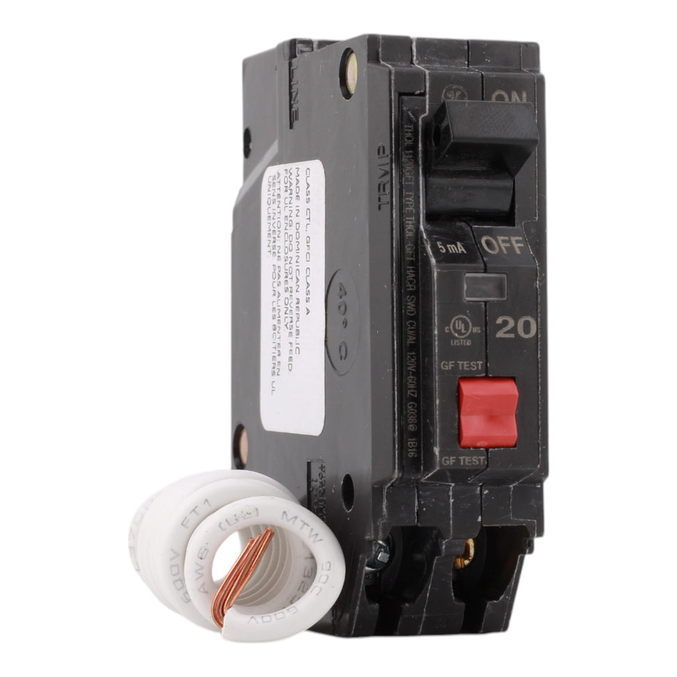 GE THQL1120GFT, 20 Amps, Single Pole, 120 Volts, Ground Fault Circuit Breaker, GFCI, Pigtail Connection, Plug-In Mount, for GE Panels