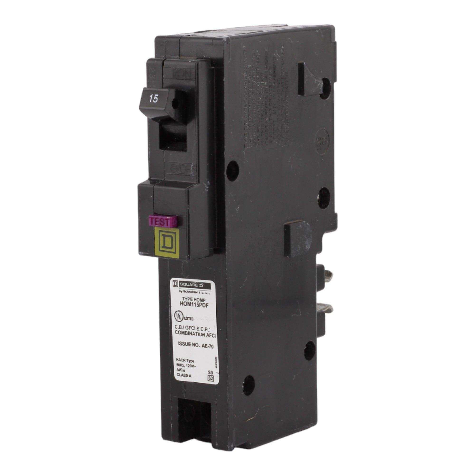 Square D HOM115PDF 15 Amp Single Pole 120V Plug-On Neutral AFCI/GFCI Dual Function Circuit Breaker UL