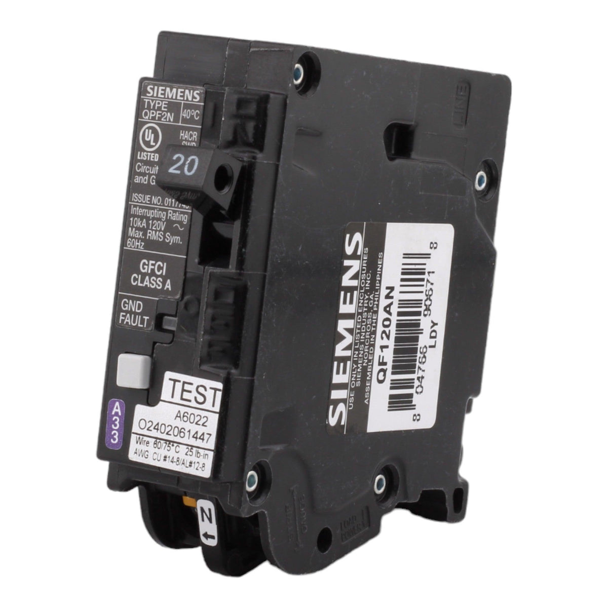 Siemens QF120AN 20 Amp Single Pole 120V Plug-On Neutral GFCI Ground Fault Circuit Breaker UL