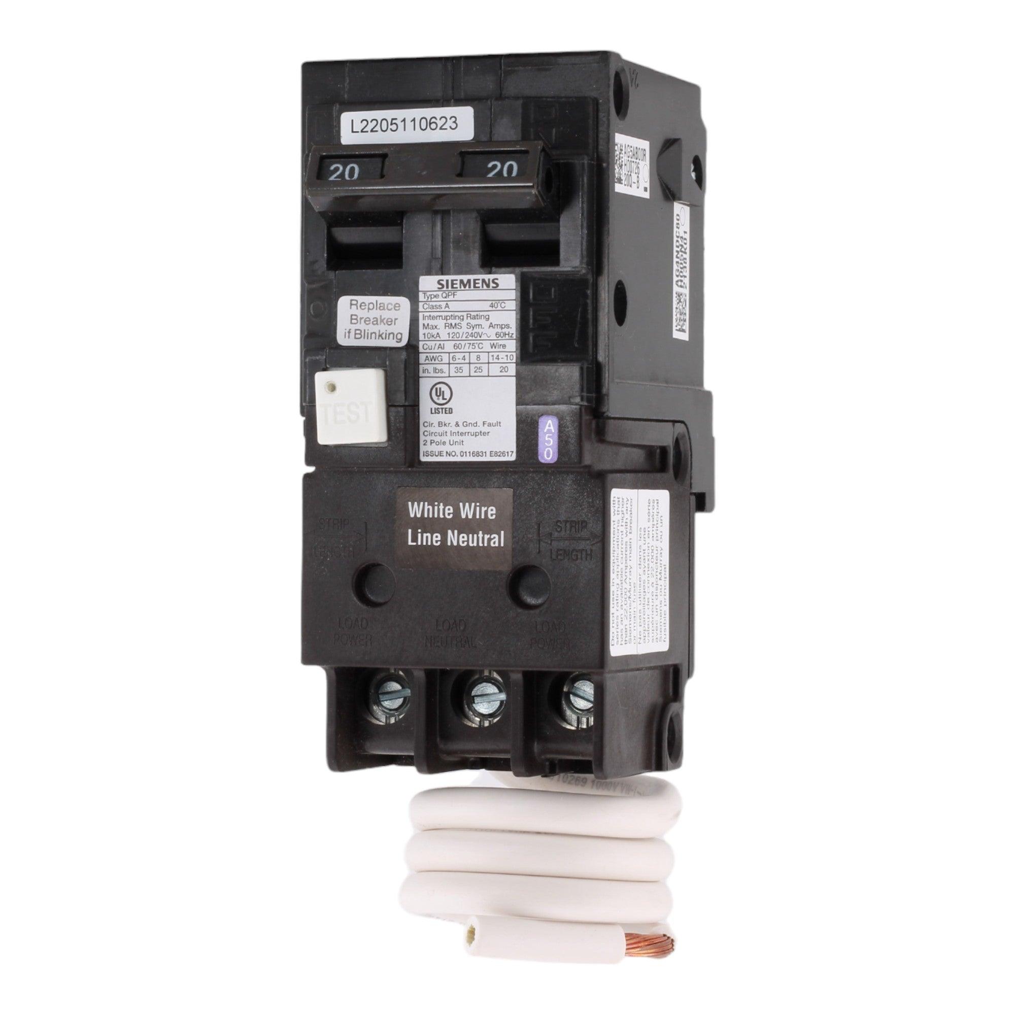 Siemens QF220A 20 Amp Double Pole 240V Pigtail-Neutral GFCI Ground Fault Circuit Breaker UL - RES LLC Store