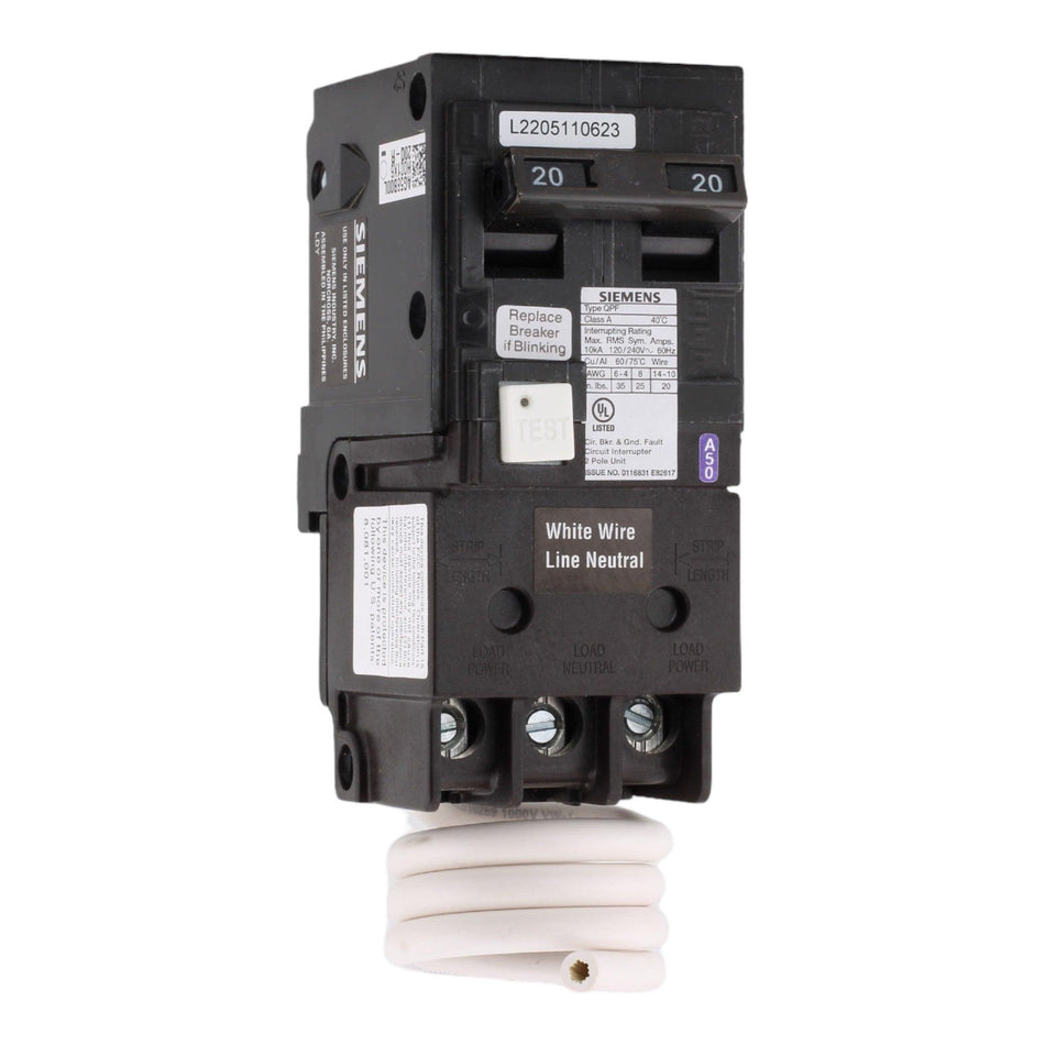 Siemens QF220A 20 Amp Double Pole 240V Pigtail-Neutral GFCI Ground Fault Circuit Breaker UL - RES LLC Store