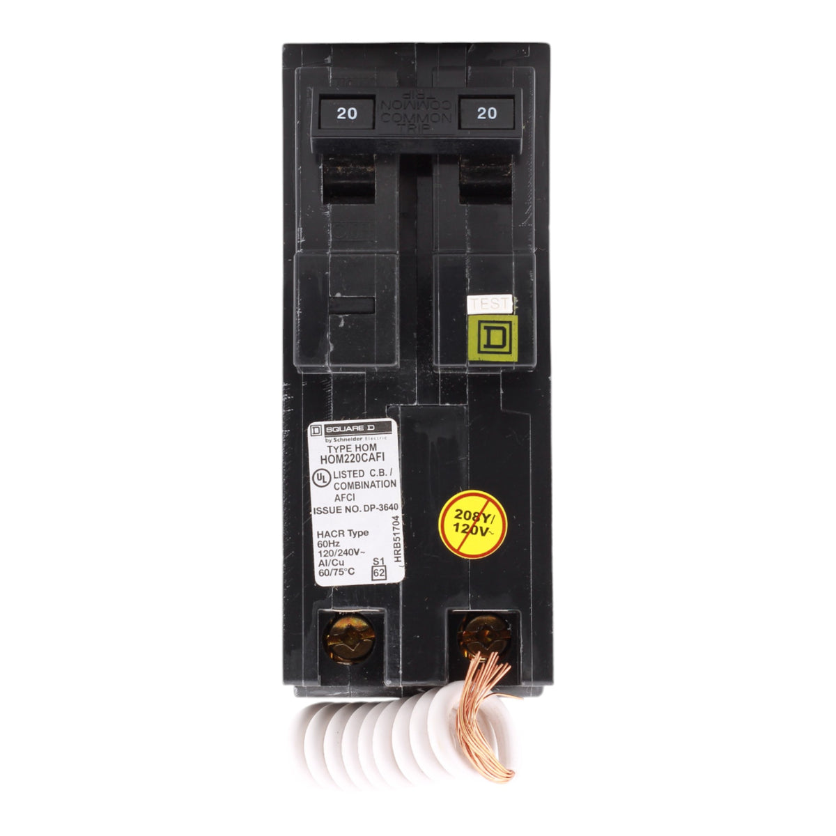 Square D HOM220CAFI 20 Amp Double Pole 120V Pigtail-Neutral AFCI Arc Fault Circuit Breaker UL