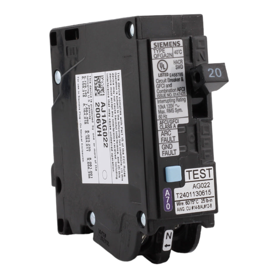 Siemens Q120DFNP 20 Amps 120 Volts Single-Pole Dual Function AFCI/GFCI Plug on Neutral Breaker for Siemens Panels