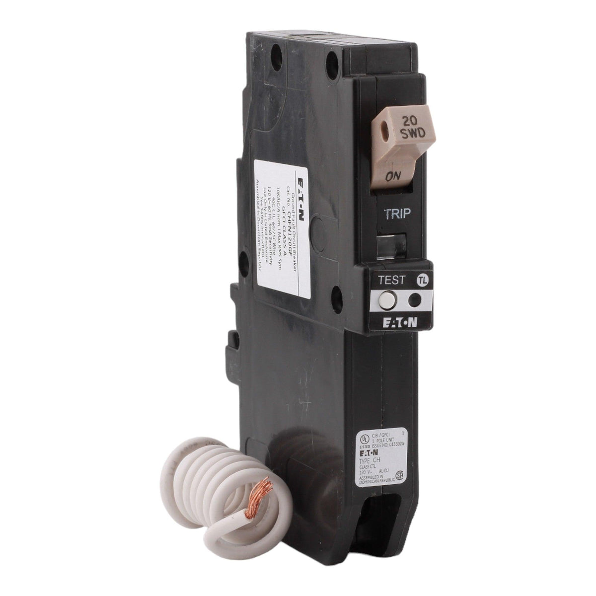 Eaton CHFN120GF 20 Amp Single Pole 120V Pigtail-Neutral GFCI Ground Fault Circuit Breaker UL