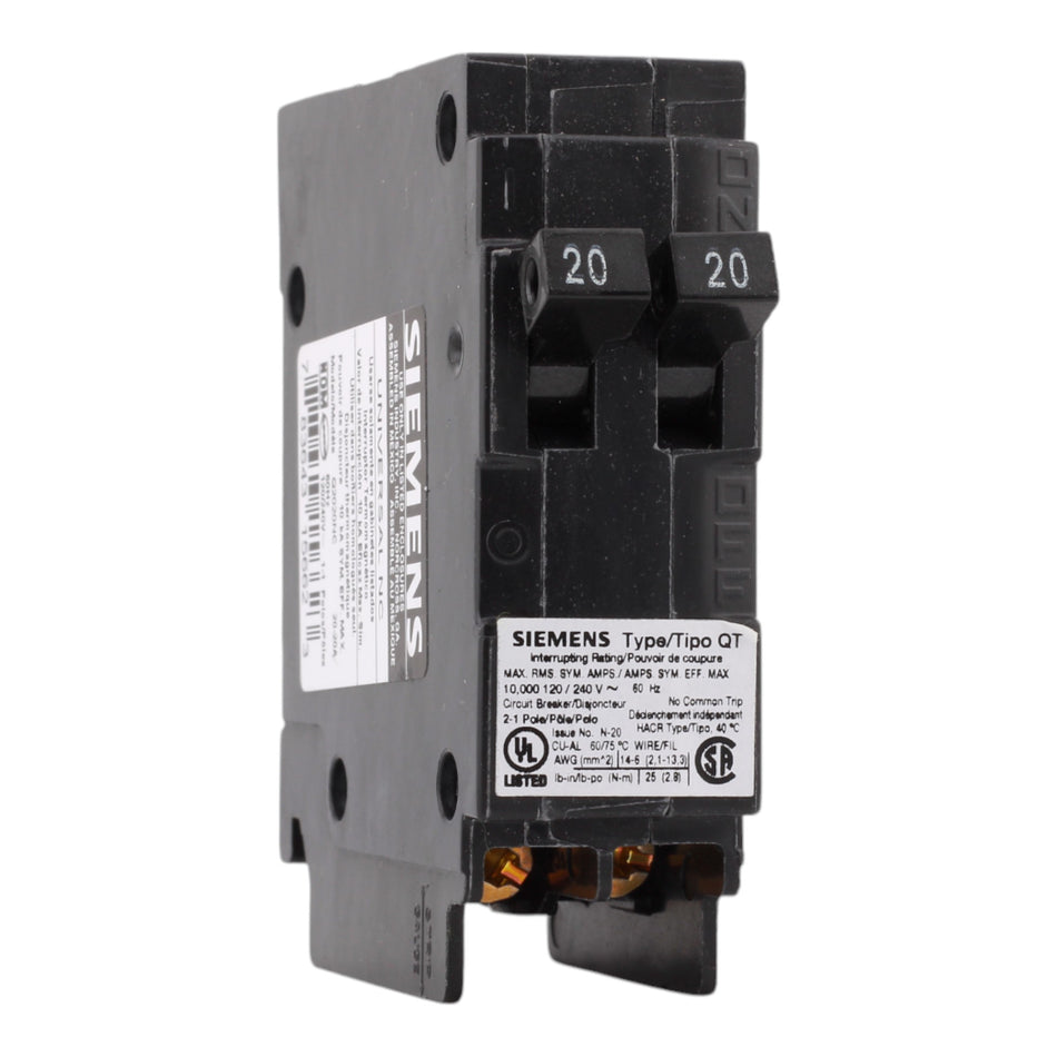 Siemens Q2020NC 20/20 Amps 120 Volts Tandem Non-CTL Circuit Breaker, Plug-In Mount