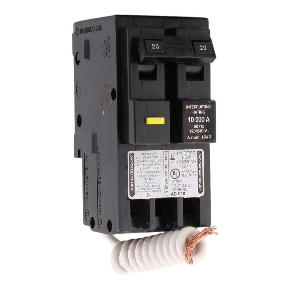 Square D HOM220GFIC 20 Amps 120/240 Volts Two-Pole GFCI Circuit Breaker for Homeline Panels