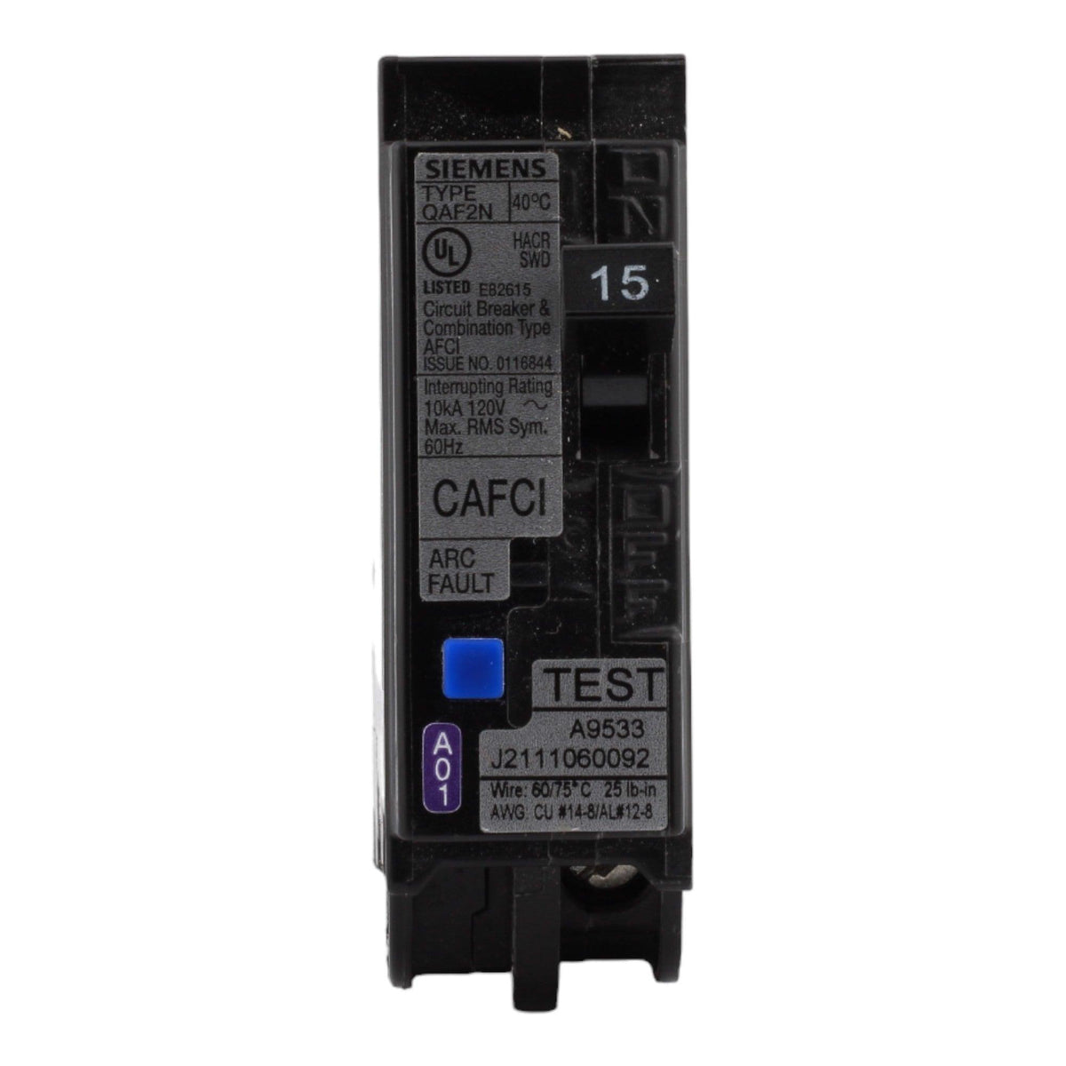 Siemens QA115AFCN 15 Amp Single Pole 120V Plug-On Neutral AFCI Arc Fault Circuit Breaker UL