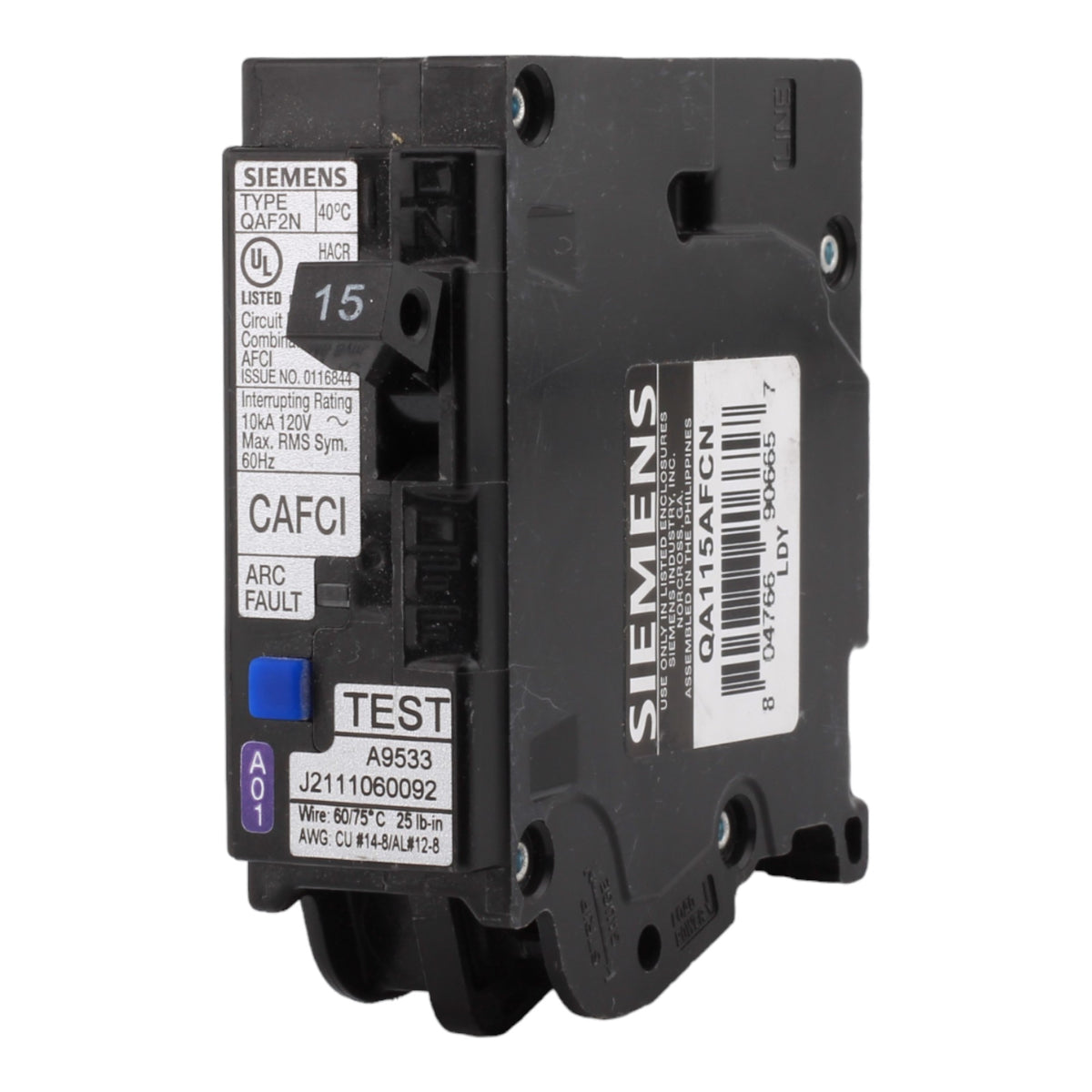 Siemens QA115AFCN 15 Amp Single Pole 120V Plug-On Neutral AFCI Arc Fault Circuit Breaker UL