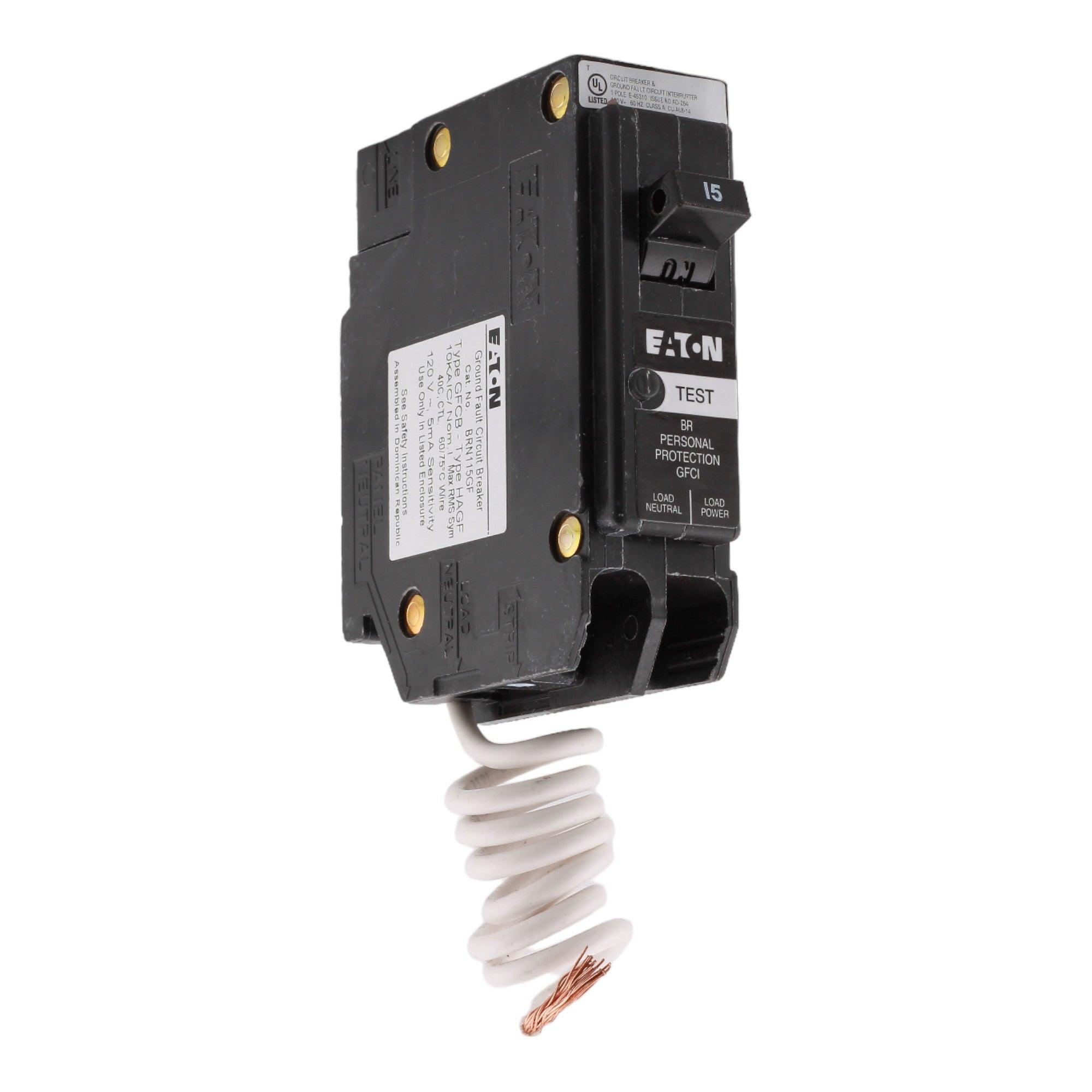 Eaton BRN115GF 15 Amp Single Pole 120V Pigtail-Neutral GFCI Ground Fault Circuit Breaker UL