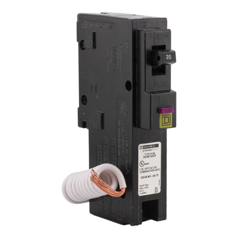 Square D HOM120DF 20 Amp Single Pole 120V Pigtail-Neutral AFCI/GFCI Dual Function Circuit Breaker UL