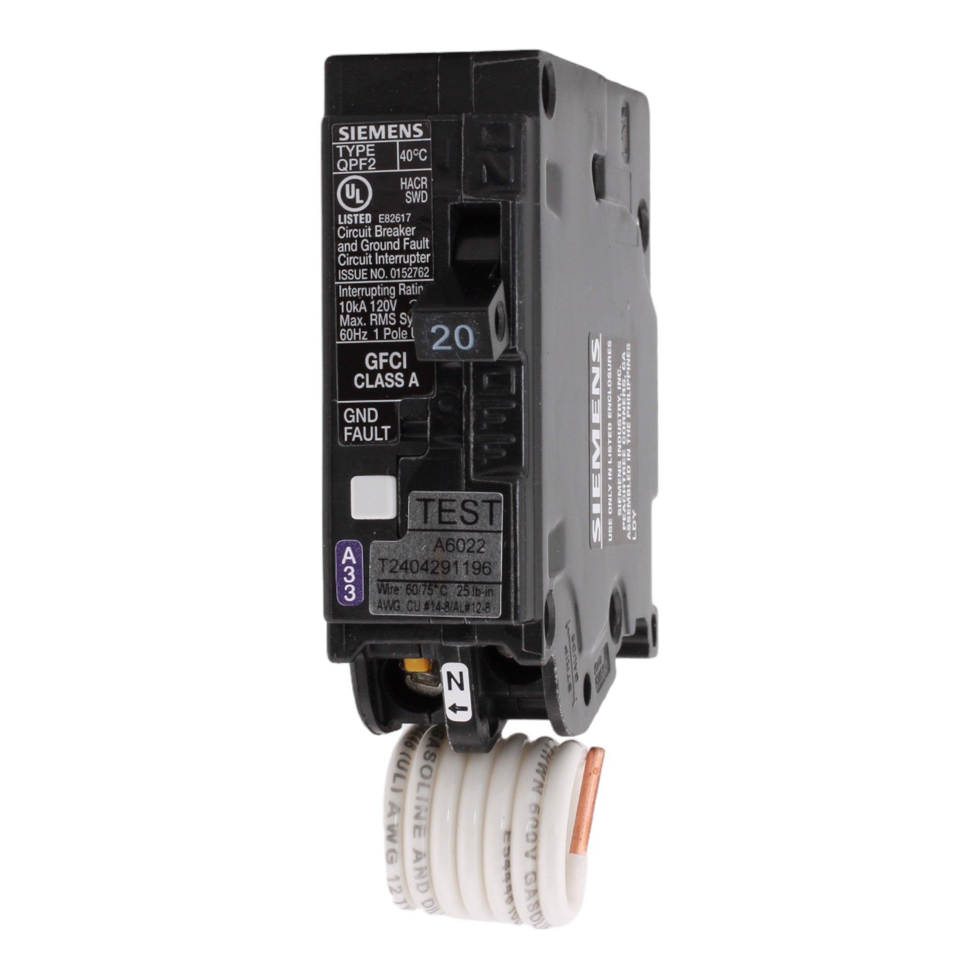 Siemens QF120A 20 Amp Single Pole 120V Pigtail-Neutral GFCI Ground Fault Circuit Breaker UL - RES LLC Store