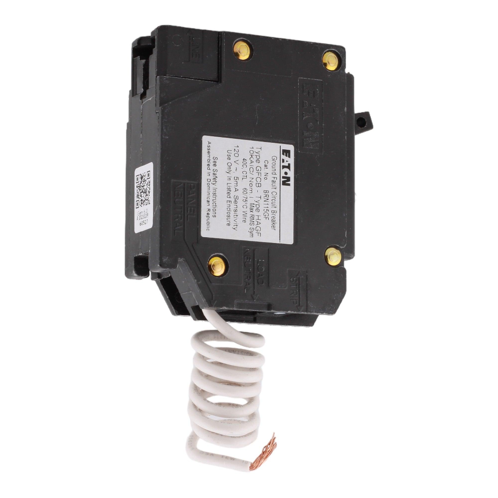 Eaton BRN115GF 15 Amp Single Pole 120V Pigtail-Neutral GFCI Ground Fault Circuit Breaker UL