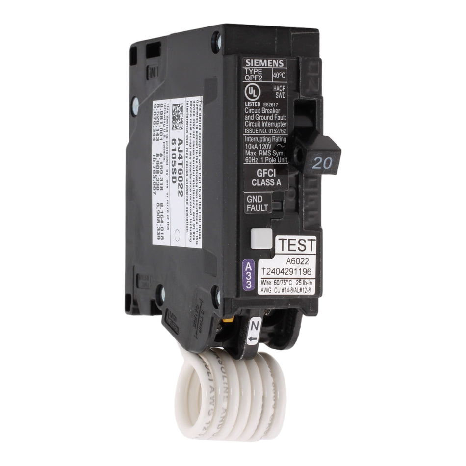 Siemens QF120AP 20 Amps 120 Volts Single-Pole GFCI Ground Fault Circuit Interrupter Pigtail Neutral