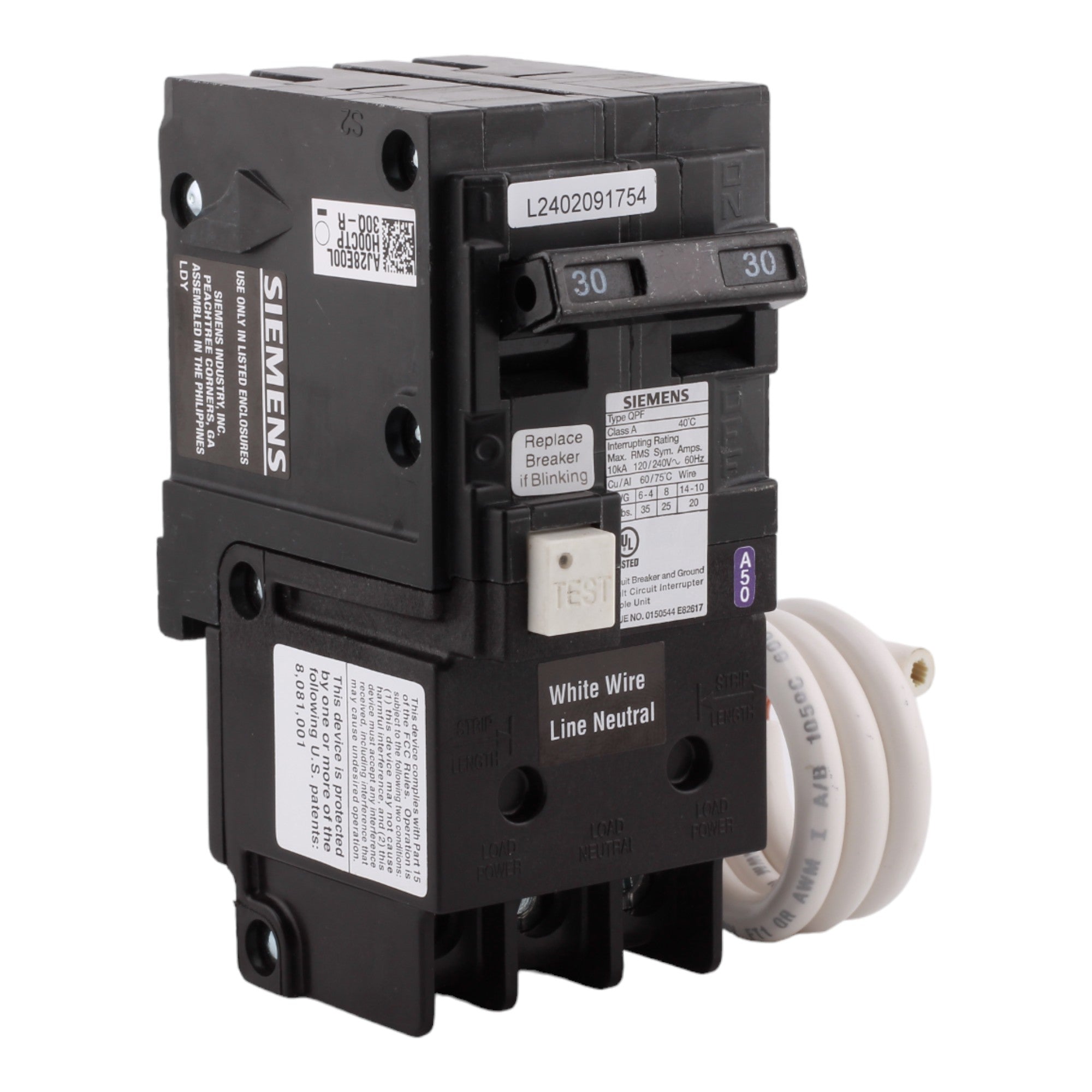 Siemens QF230A 30 Amp Double Pole 240V Pigtail-Neutral GFCI Ground Fault Circuit Breaker UL