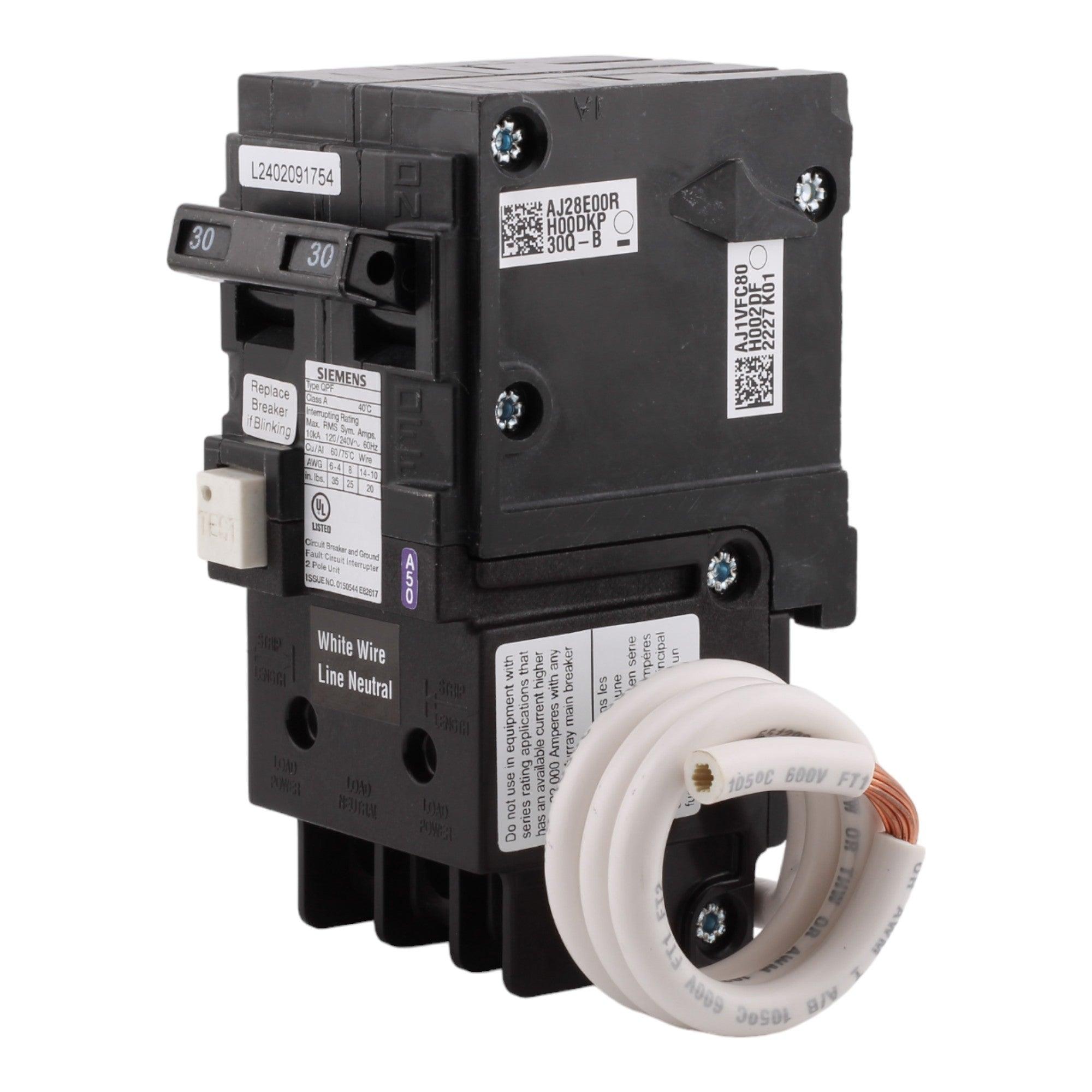 Siemens QF230A 30 Amp Double Pole 240V Pigtail-Neutral GFCI Ground Fault Circuit Breaker UL