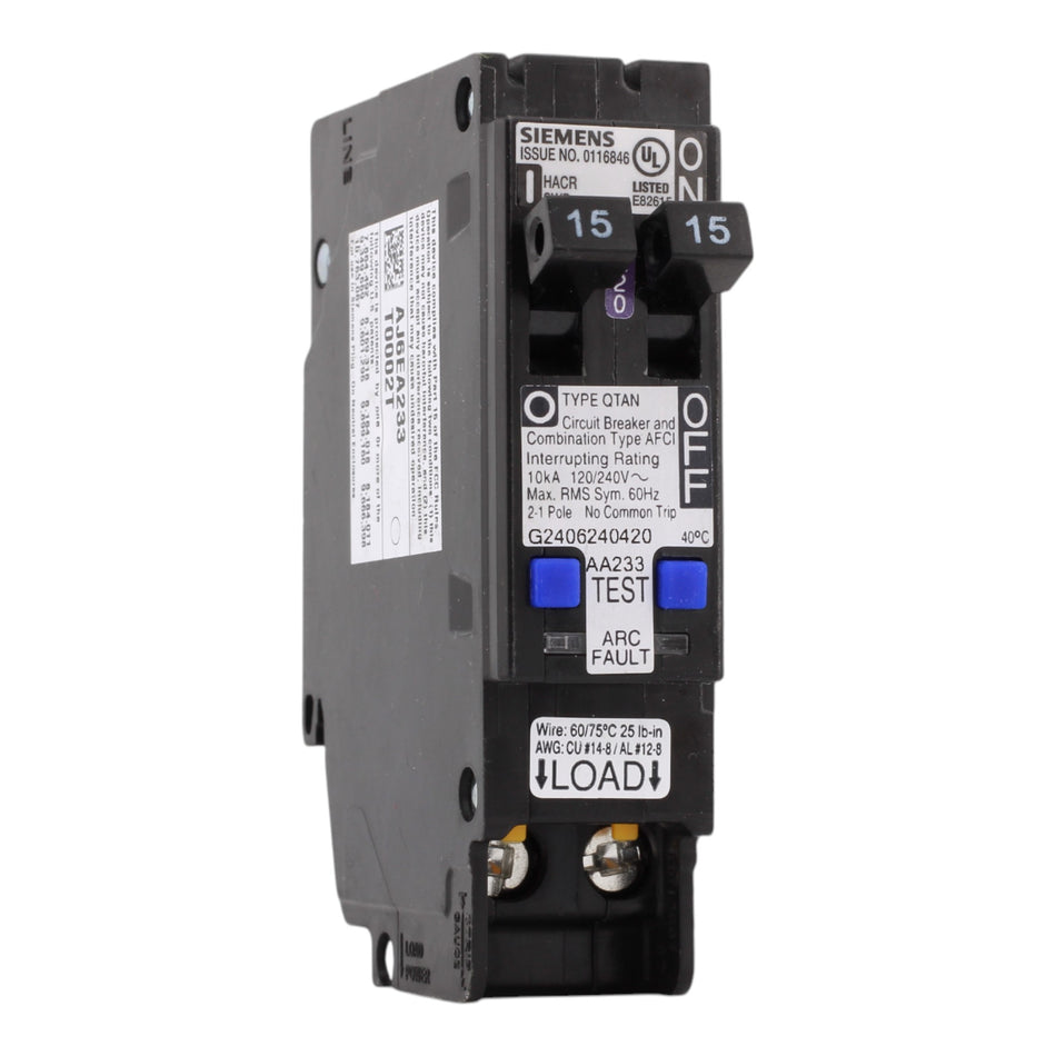 Siemens Q1515AFCN 15/15 Amps 120 Volts Tandem Combination Arc-Fault Circuit Breaker, Plug-On Neutral