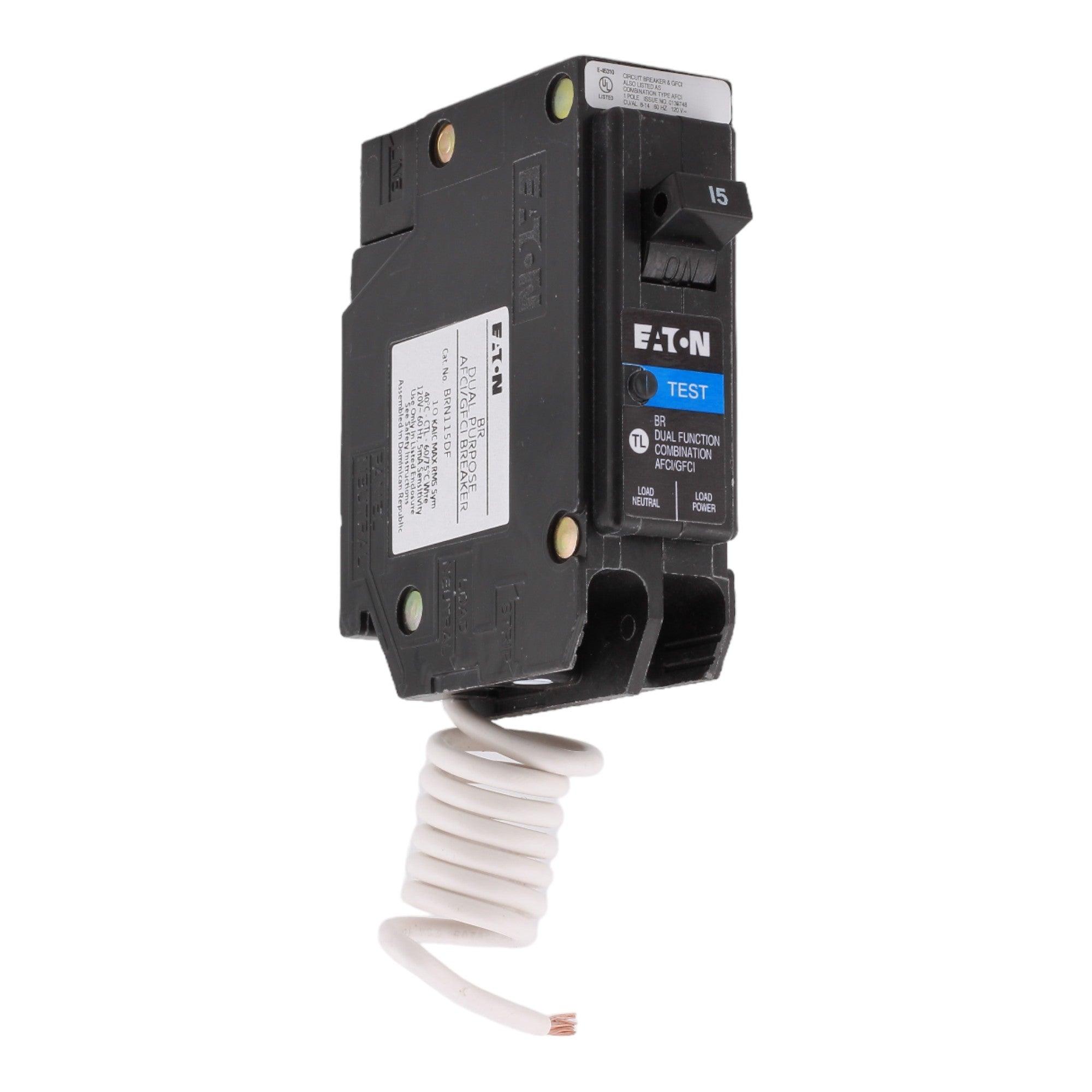 Eaton BRN115DF 15 Amp Single Pole 120V Pigtail-Neutral AFCI/GFCI Dual Function Circuit Breaker UL