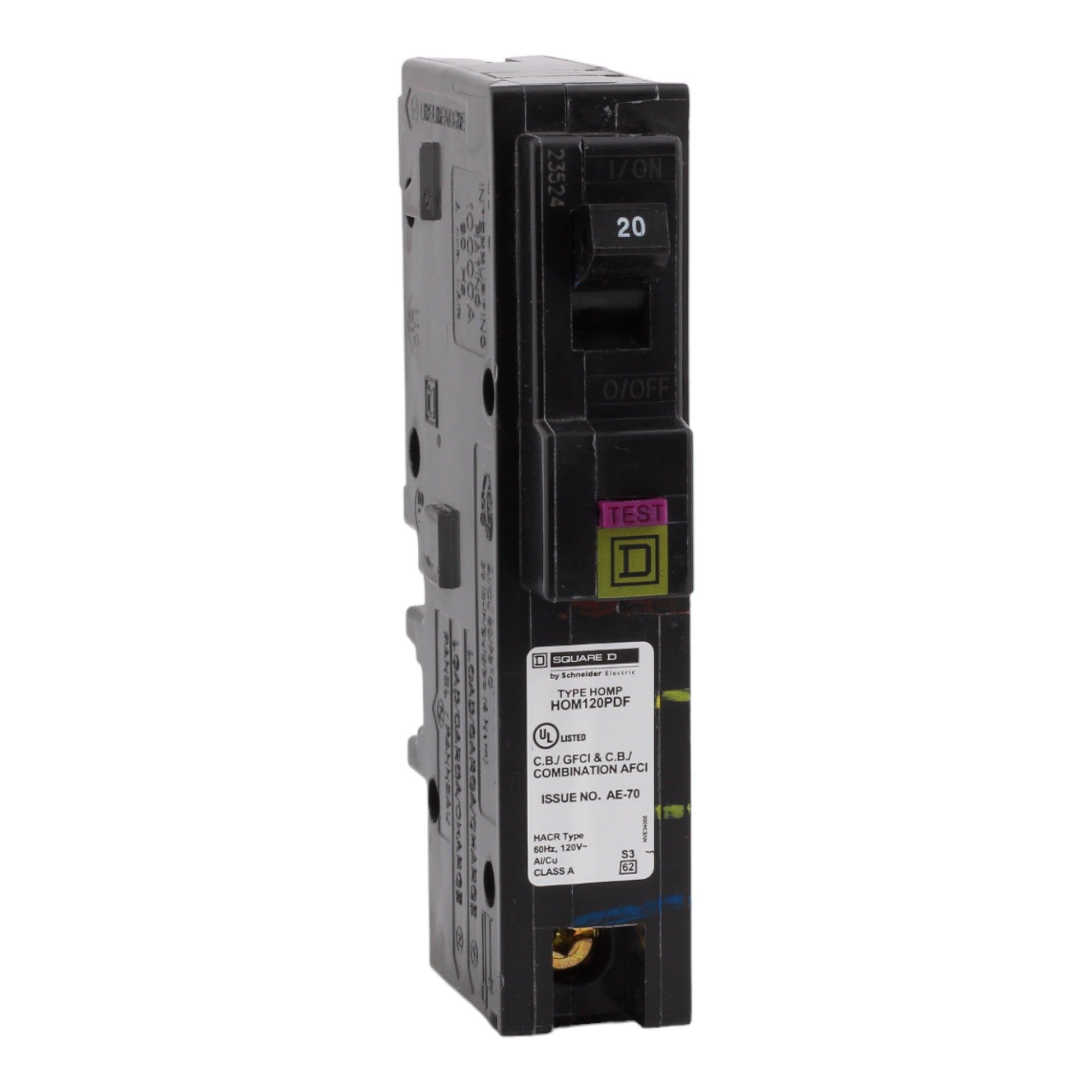 Square D HOM120PDF 20 Amp Single Pole 120V Plug-On Neutral AFCI/GFCI Dual Function Circuit Breaker UL