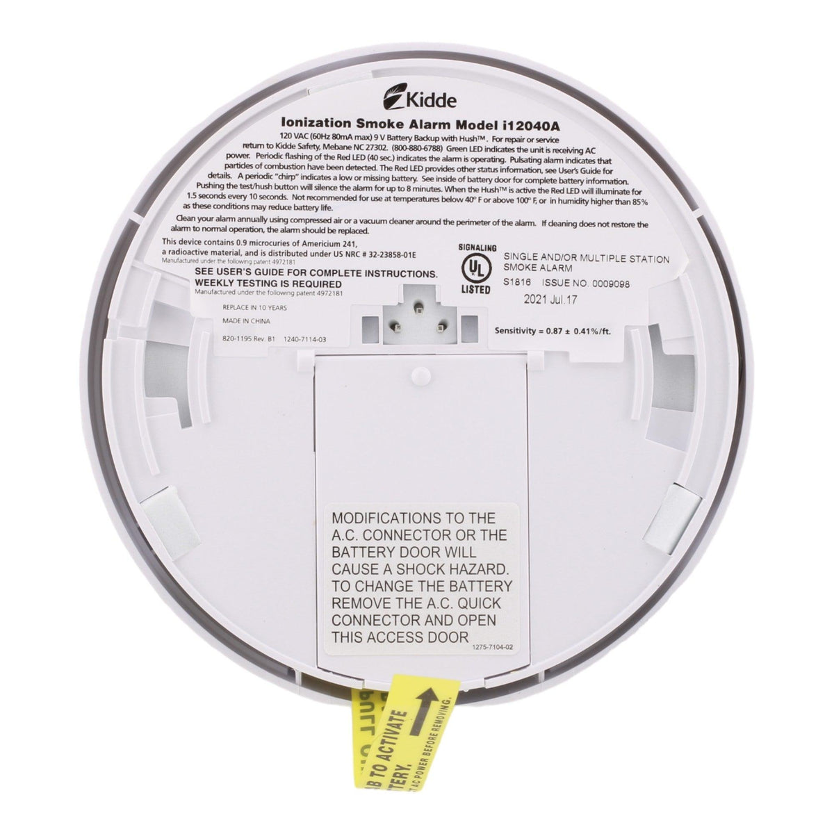 Kidde i12040 120V AC/DC Smoke Alarm with 9V Battery Backup - Ionization Sensor