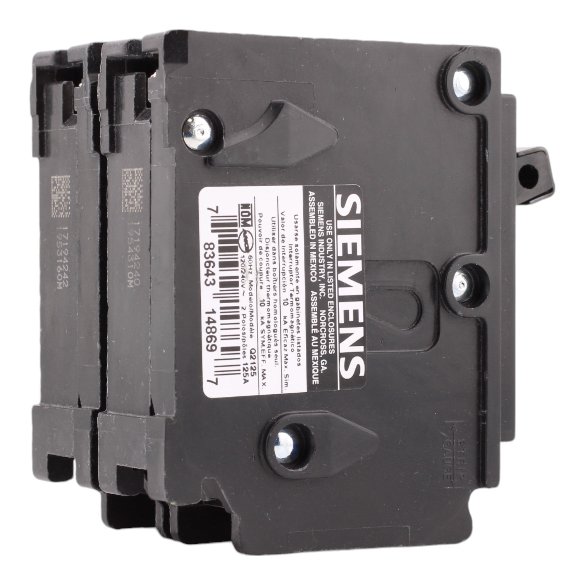 Siemens Q2125 125 Amp Double Pole 240V Plug-In Standard Trip Circuit Breaker UL