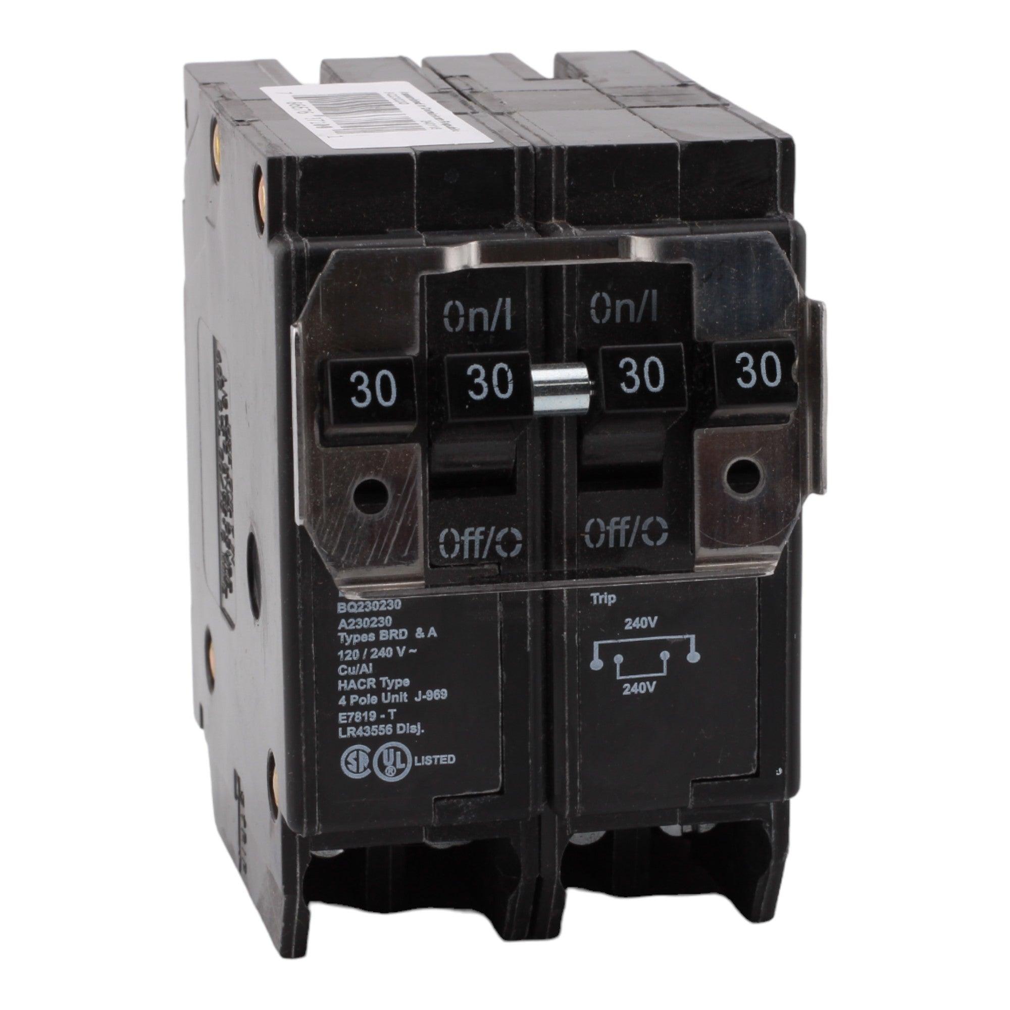 Eaton BQ230230 2-Pole 30 Amp Quad Circuit Breaker - 120/240V, 10kA, Plug-On, Independent Trip, UL Listed