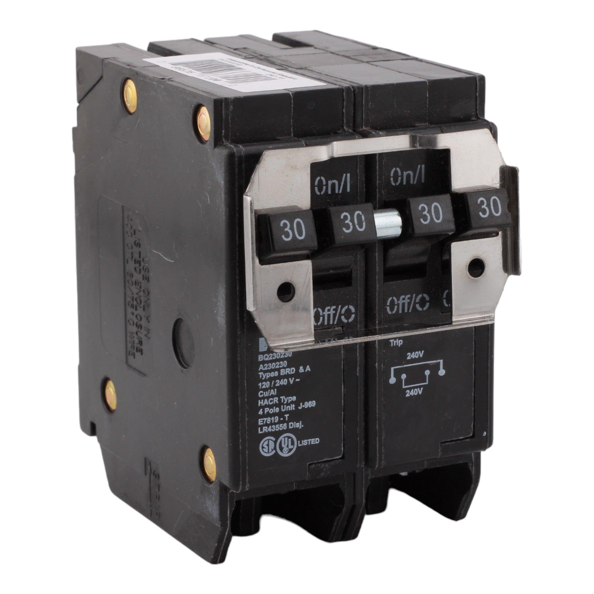 Eaton BQ230230 2-Pole 30 Amp Quad Circuit Breaker - 120/240V, 10kA, Plug-On, Independent Trip, UL Listed