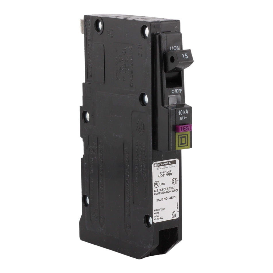 Square D QO115PDF 15 Amp Single Pole 120V Plug-On Neutral AFCI/GFCI Dual Function Circuit Breaker UL