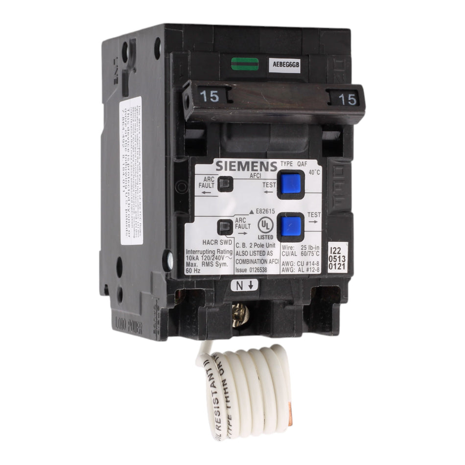 Siemens Q215AFC, 15 Amps, 120/240 Volts, Double Pole, Combination AFCI Circuit Breaker, Plug-In Mount, Pigtail Connection, for Siemens Panels