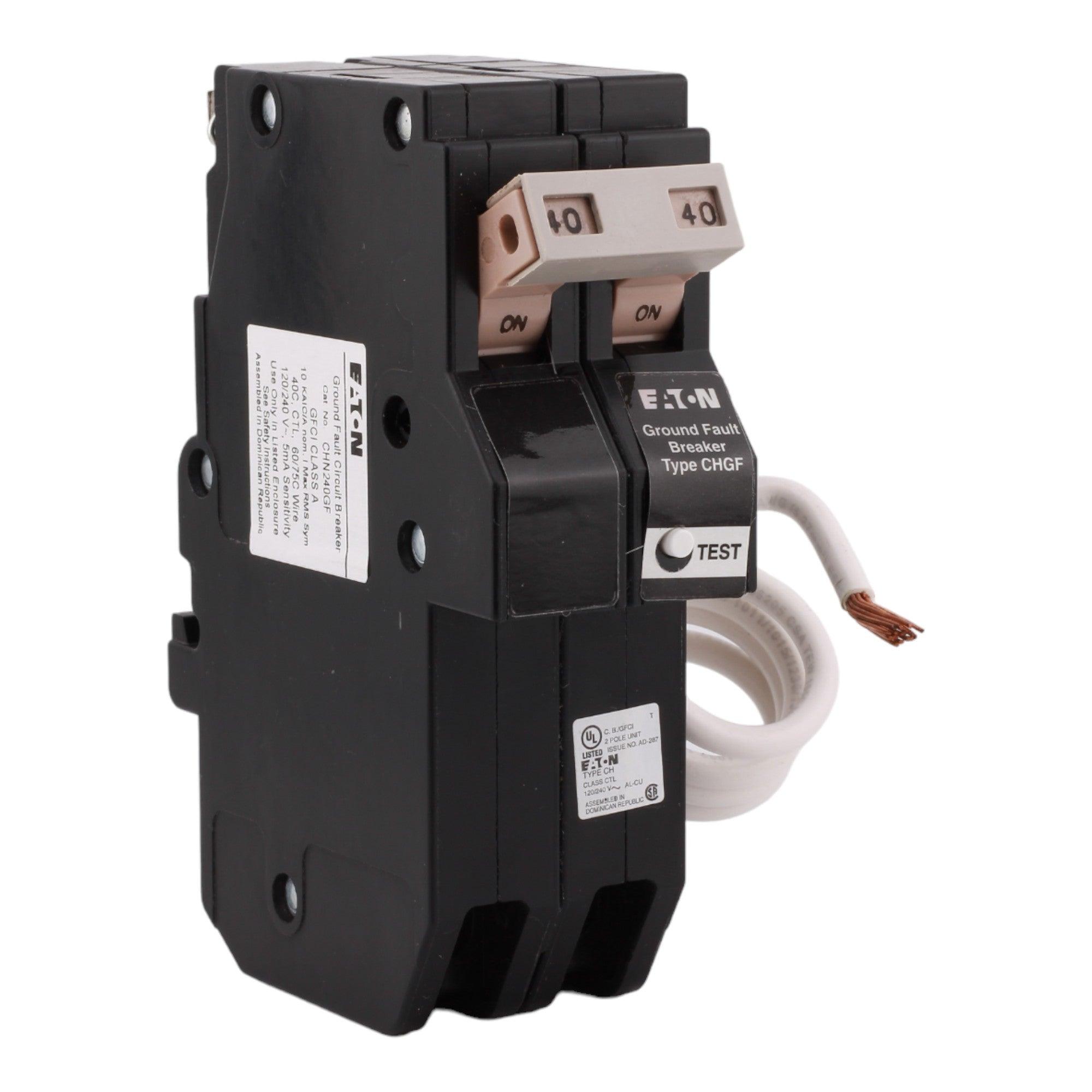 Eaton CHN240GF 40 Amp Double Pole 240V Pigtail-Neutral GFCI Ground Fault Circuit Breaker UL