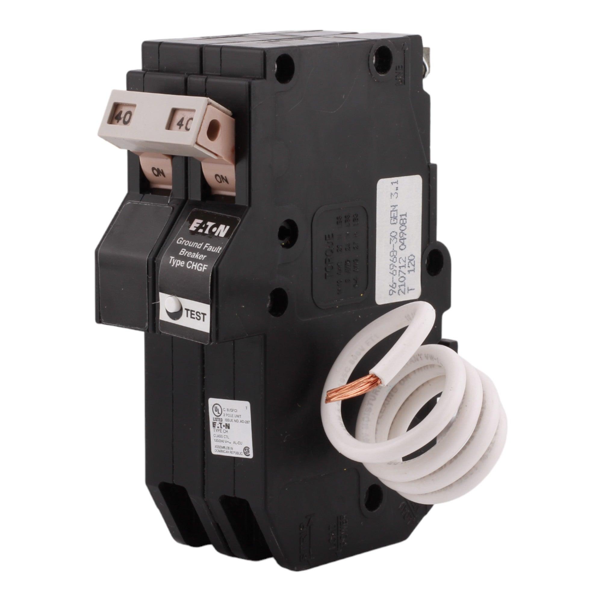 Eaton CHN240GF 40 Amp Double Pole 240V Pigtail-Neutral GFCI Ground Fault Circuit Breaker UL