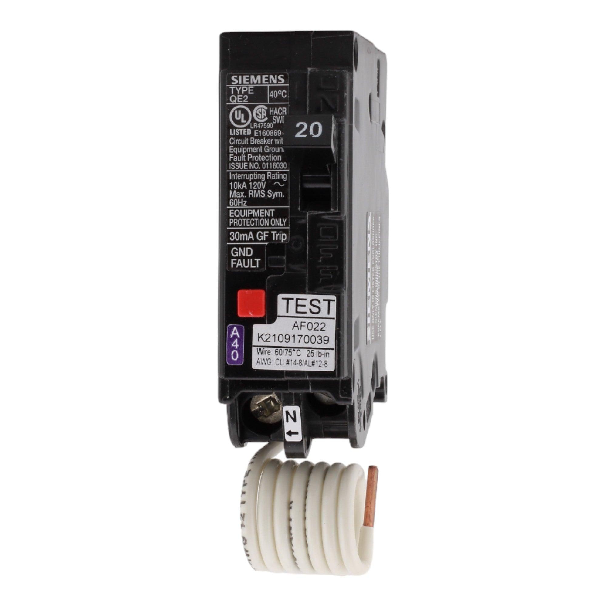 Siemens QE120 20 Amp Single Pole 120V Pigtail-Neutral GFCI Ground Fault Circuit Breaker UL