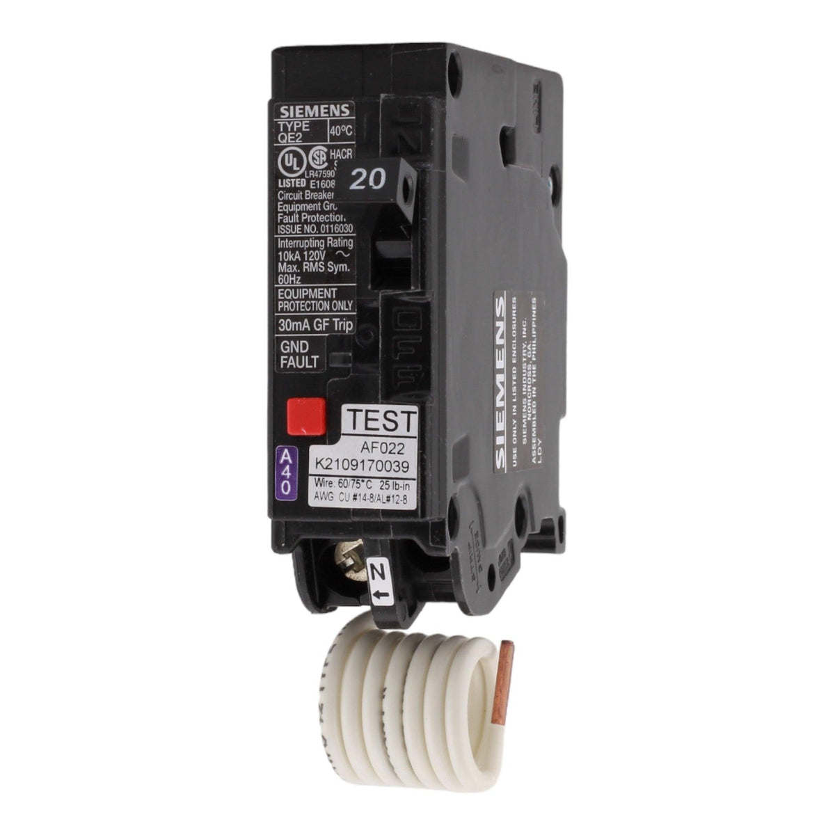 Siemens QE120 20 Amp Single Pole 120V Pigtail-Neutral GFCI Ground Fault Circuit Breaker UL