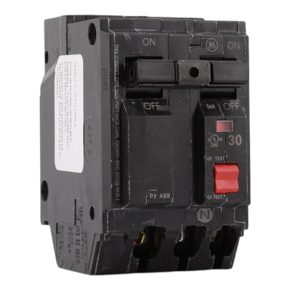 GE THQL2130PGFT, 30 Amps, 2 Pole, 120/240 Volts, Ground Fault Circuit Breaker, GFCI, 10kA, Plug-On Mount, Plug-On Neutral Connection, for GE Panels